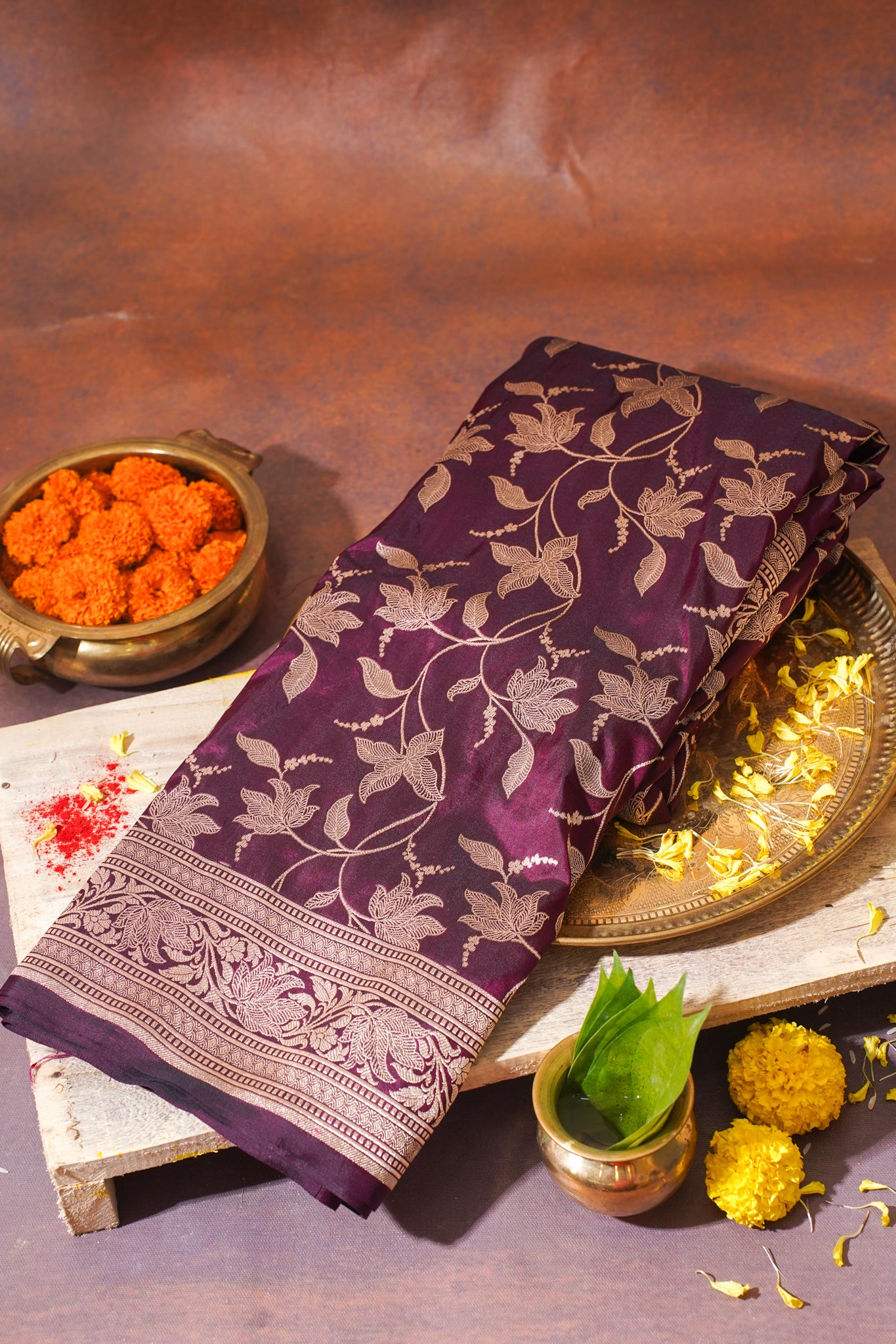 Wine Banarasi Pure Katan Silk Jaal Saree