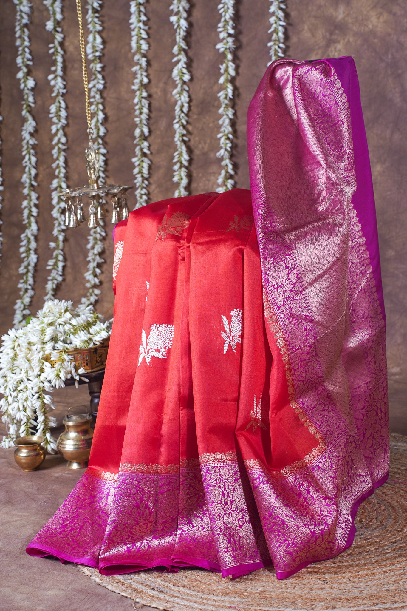 Coral Red Handloom Pure Silk Banarasi Saree