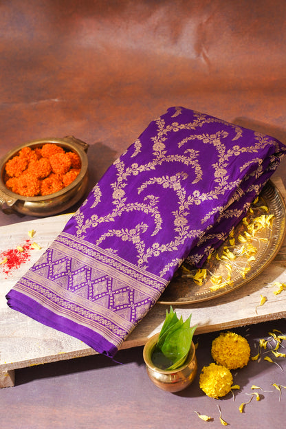 Purple Banarasi Pure Katan Silk Jaal Saree