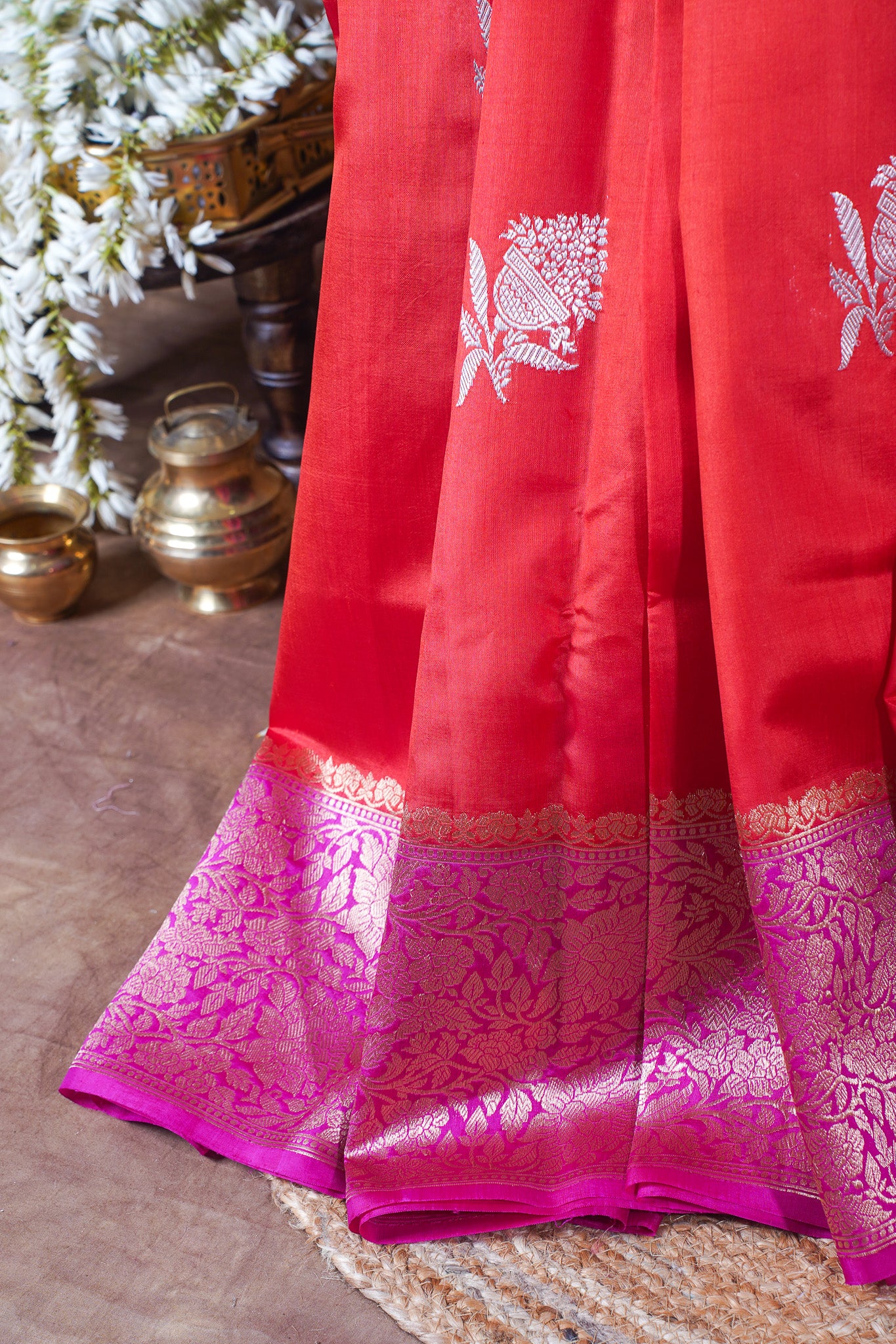 Coral Red Handloom Pure Silk Banarasi Saree