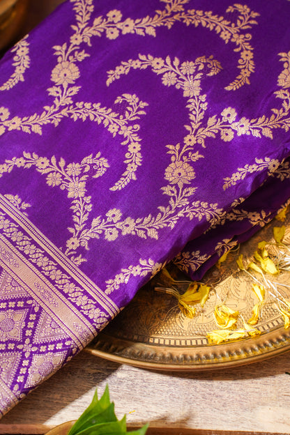 Purple Banarasi Pure Katan Silk Jaal Saree