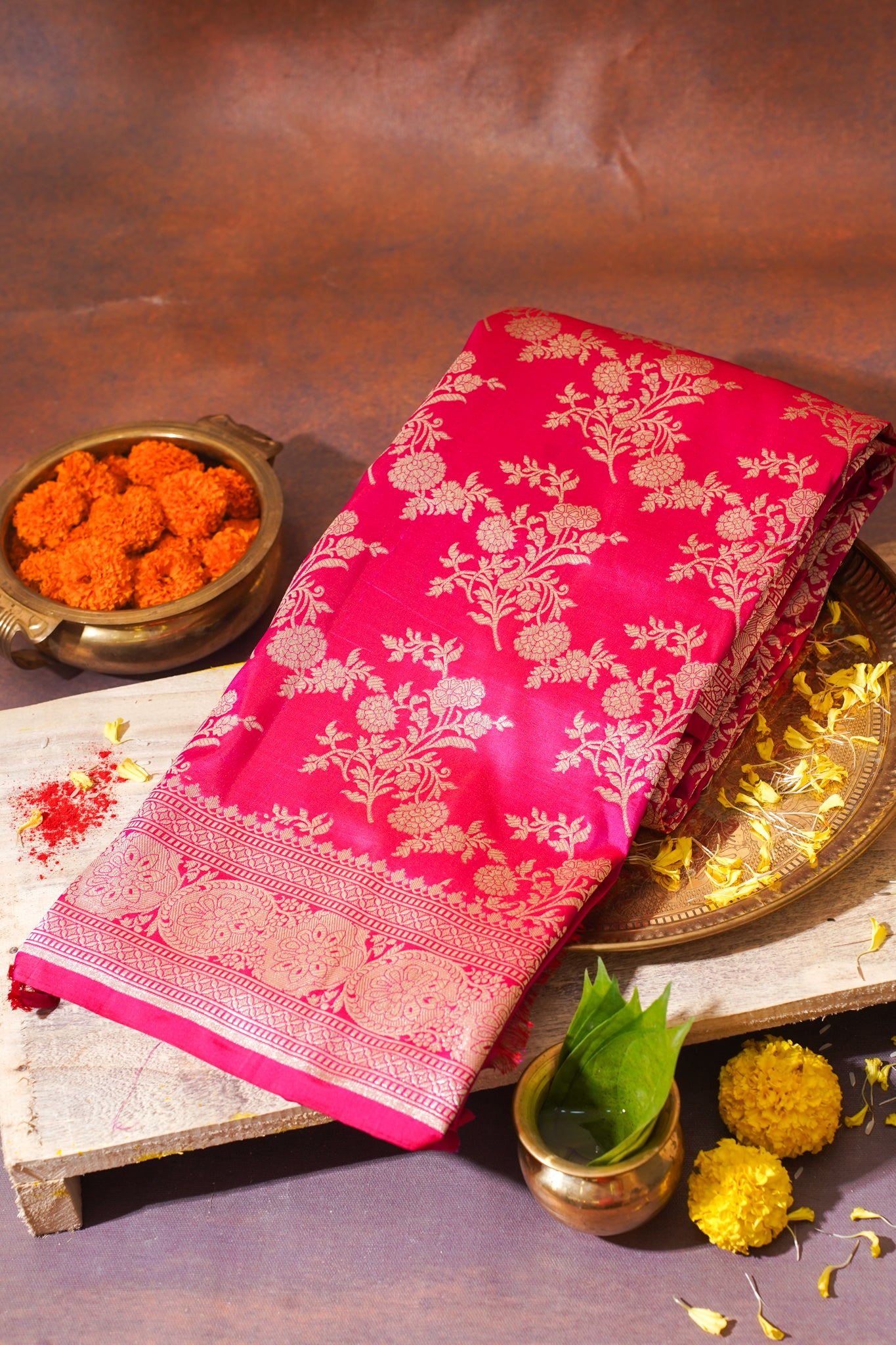 Rani Pink Banarasi Pure Katan Silk Jaal Saree