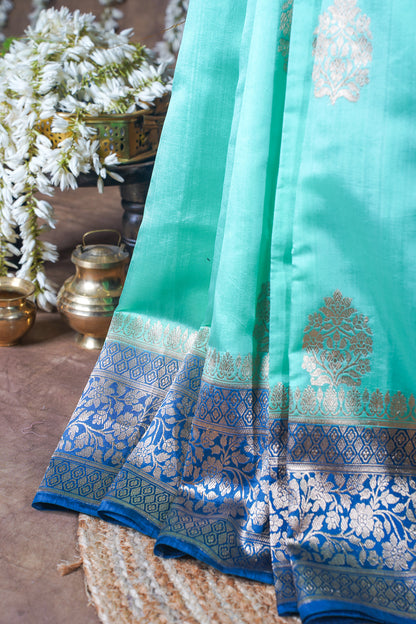 Aqua Blue Handloom Pure Silk Banarasi Saree