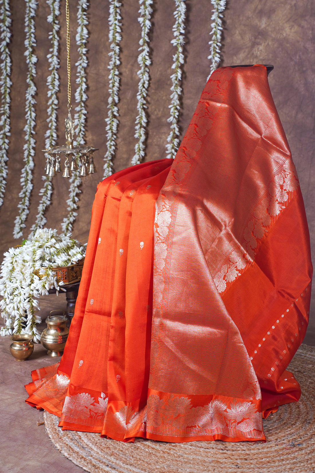 Vermilion Orange Handloom Pure Silk Banarasi Saree