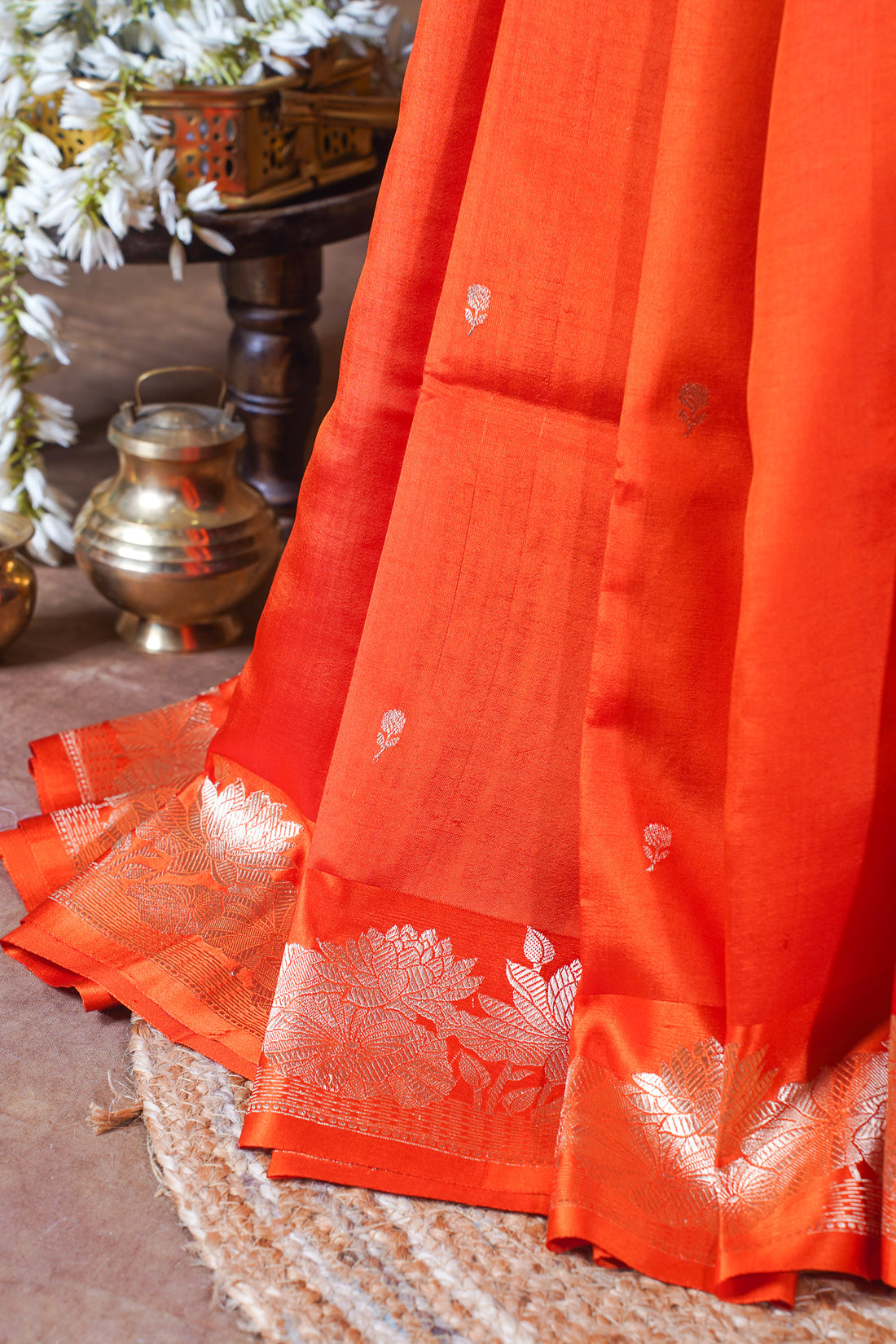 Vermilion Orange Handloom Pure Silk Banarasi Saree