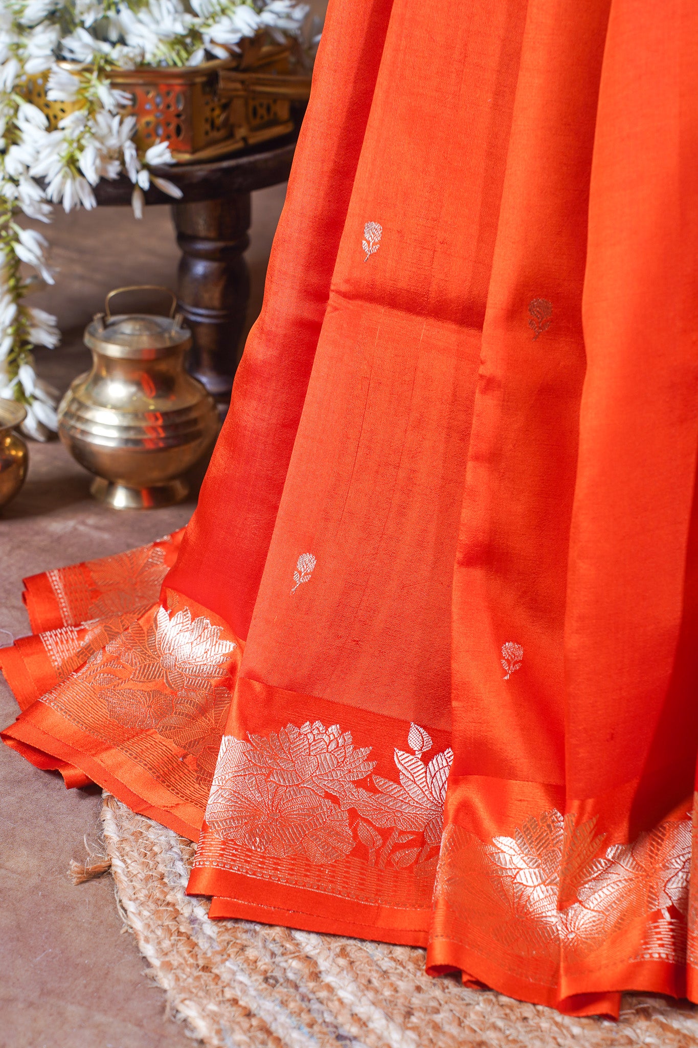 Vermilion Orange Handloom Pure Silk Banarasi Saree