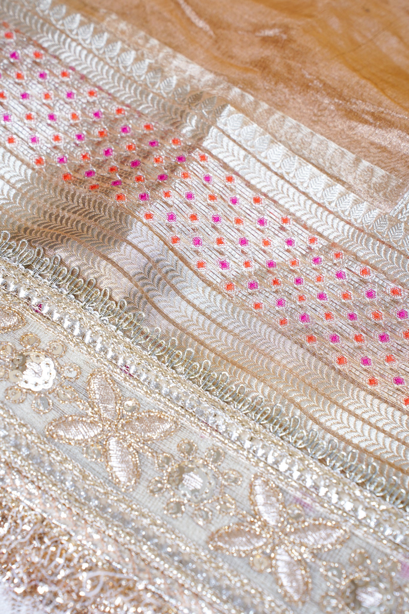 Champagne Gold Pure Tissue Silk Banarasi Saree with Lace Border