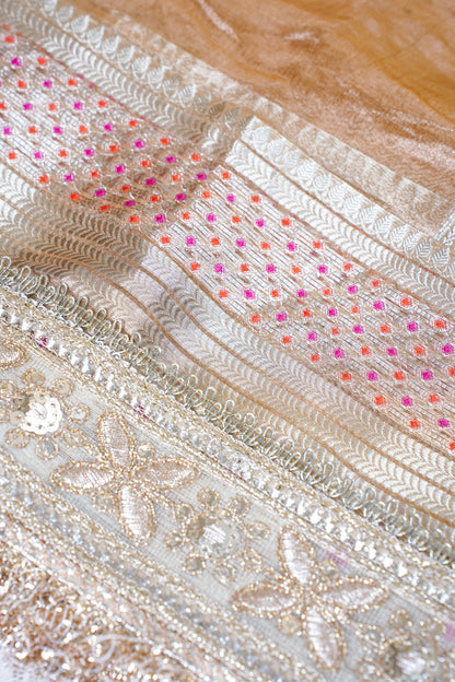 Champagne Gold Pure Tissue Silk Banarasi Saree with Lace Border