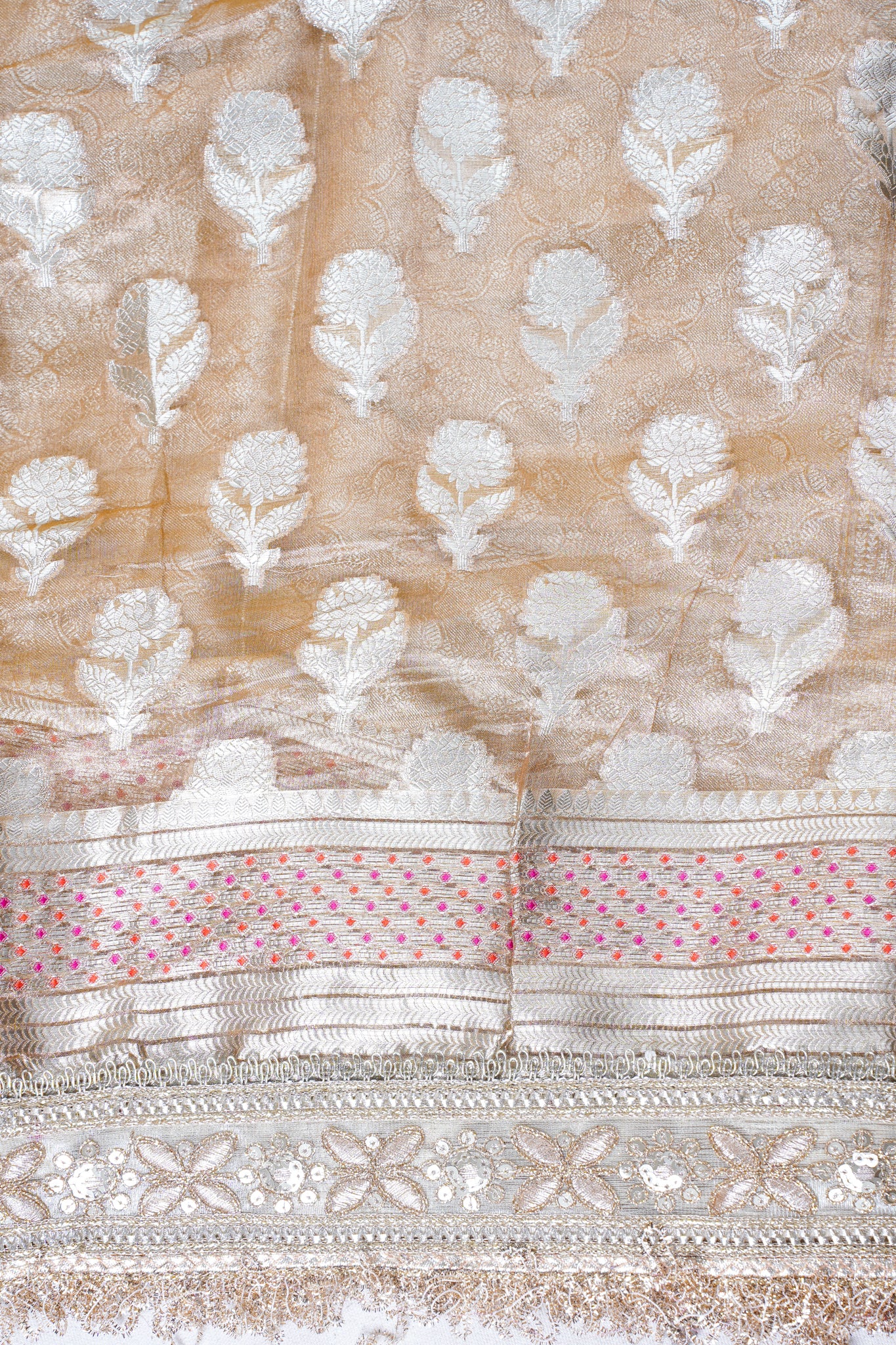 Champagne Gold Pure Tissue Silk Banarasi Saree with Lace Border