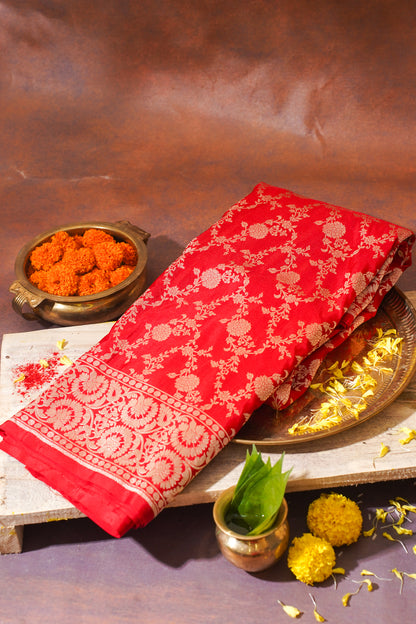 Red Banarasi Pure Katan Silk Jaal Saree