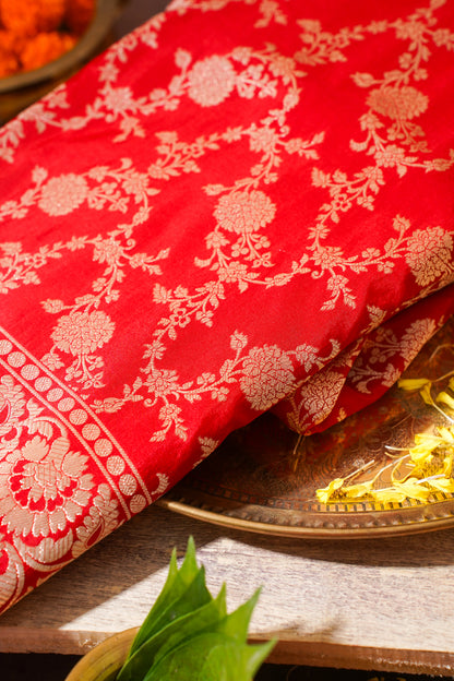 Red Banarasi Pure Katan Silk Jaal Saree