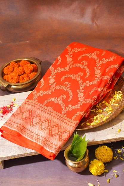 Orange Banarasi Pure Katan Silk Jaal Saree