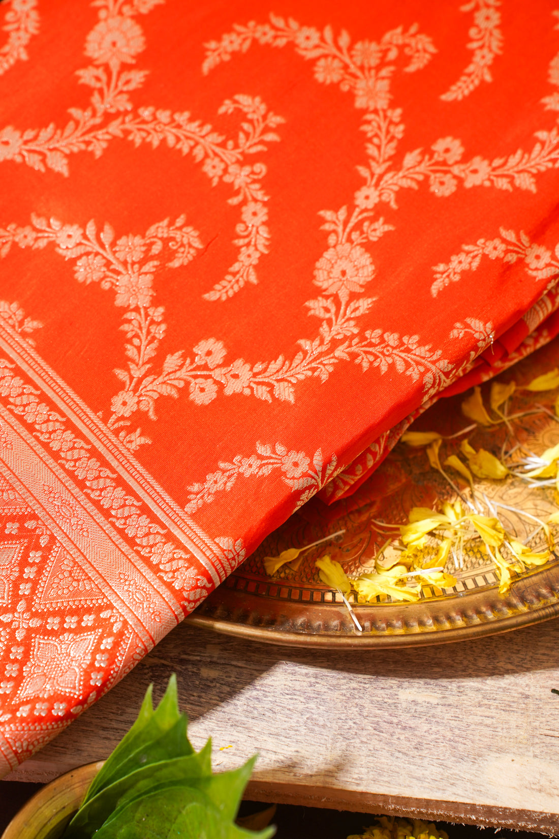 Orange Banarasi Pure Katan Silk Jaal Saree