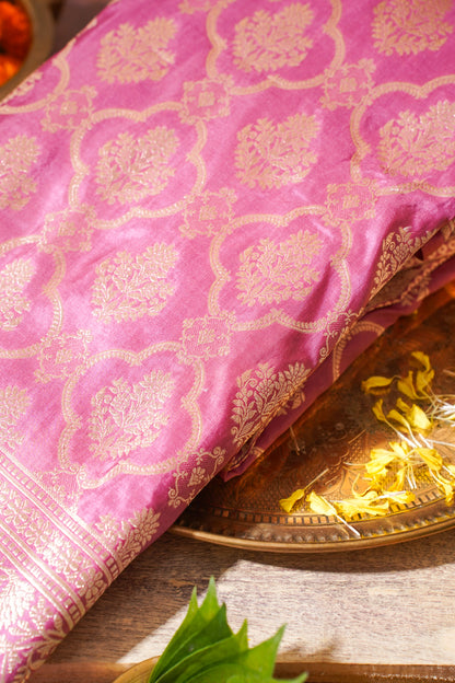 Rani Pink Banarasi Pure Katan Silk Jaal Saree
