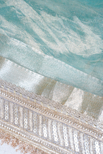 Mint Green Banarasi Pure Tissue Silk Saree with Sequined Lace Border