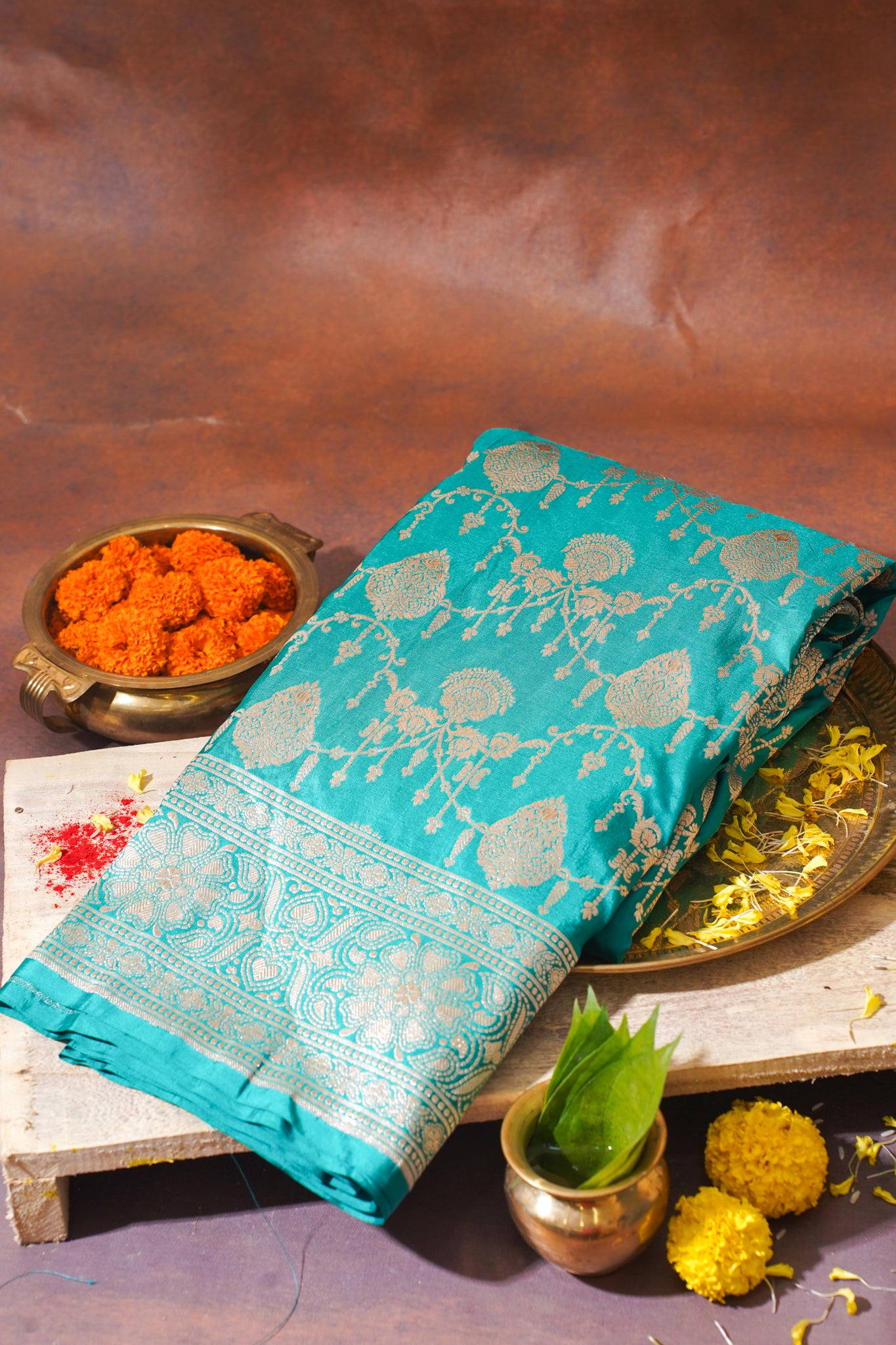 Turquoise Blue Banarasi Pure Katan Silk Jaal Saree