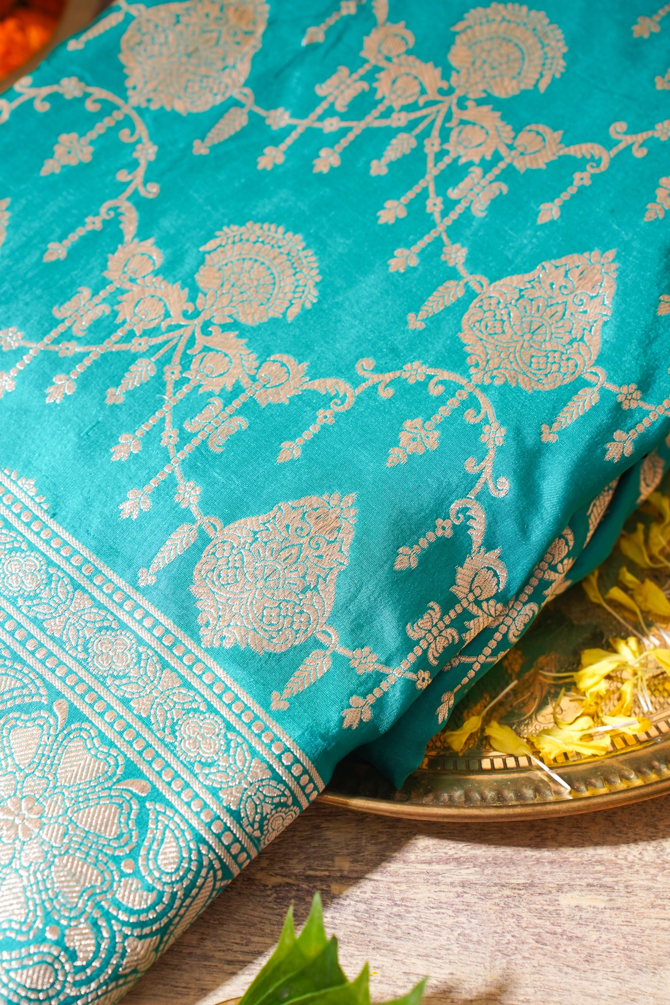 Turquoise Blue Banarasi Pure Katan Silk Jaal Saree
