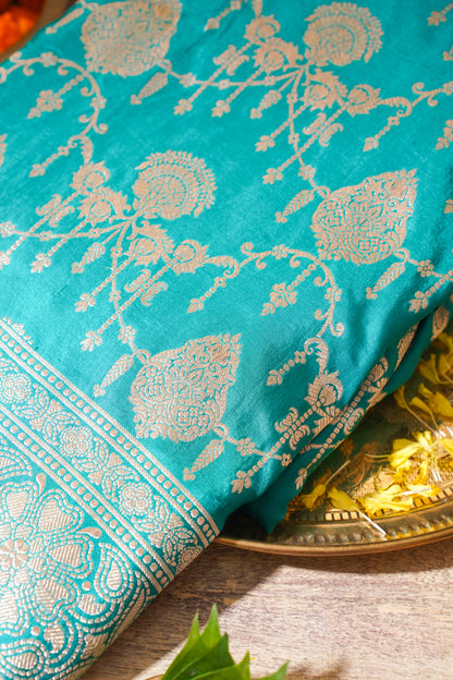 Turquoise Blue Banarasi Pure Katan Silk Jaal Saree