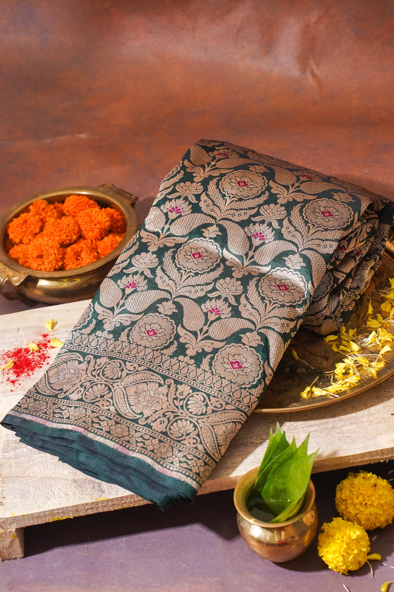 Bottle Green Banarasi Pure Minakari Brocade Saree