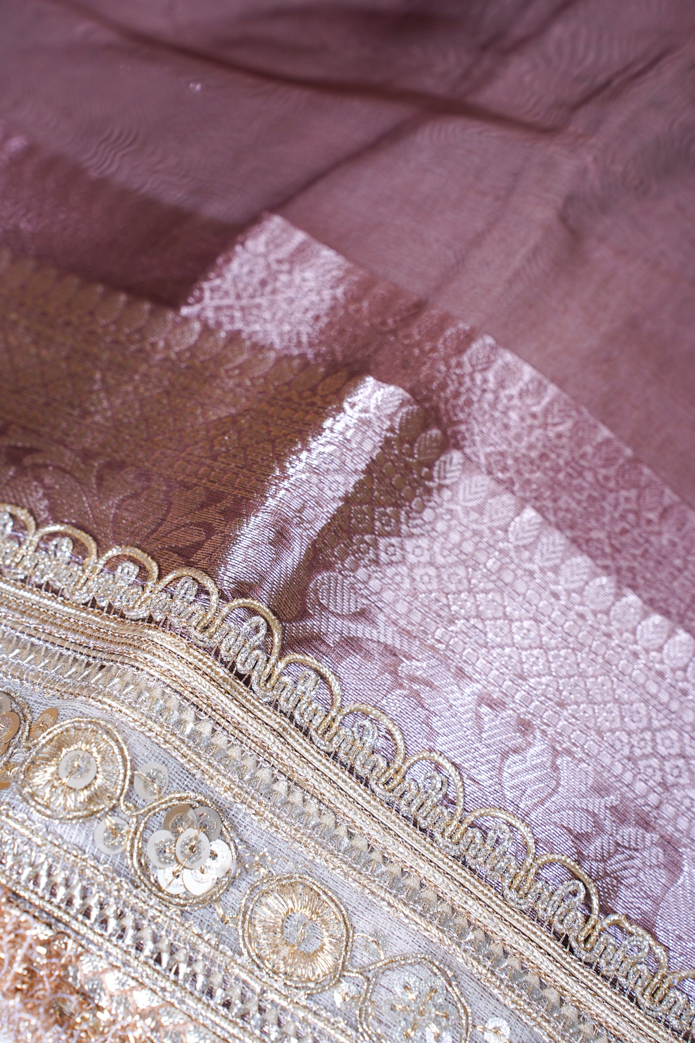 Dusty Mauve Banarasi Pure Tissue Silk Saree with Sequined Lace Border