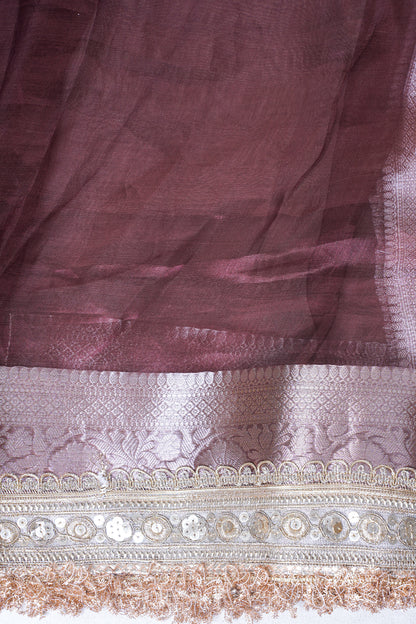 Dusty Mauve Banarasi Pure Tissue Silk Saree with Sequined Lace Border