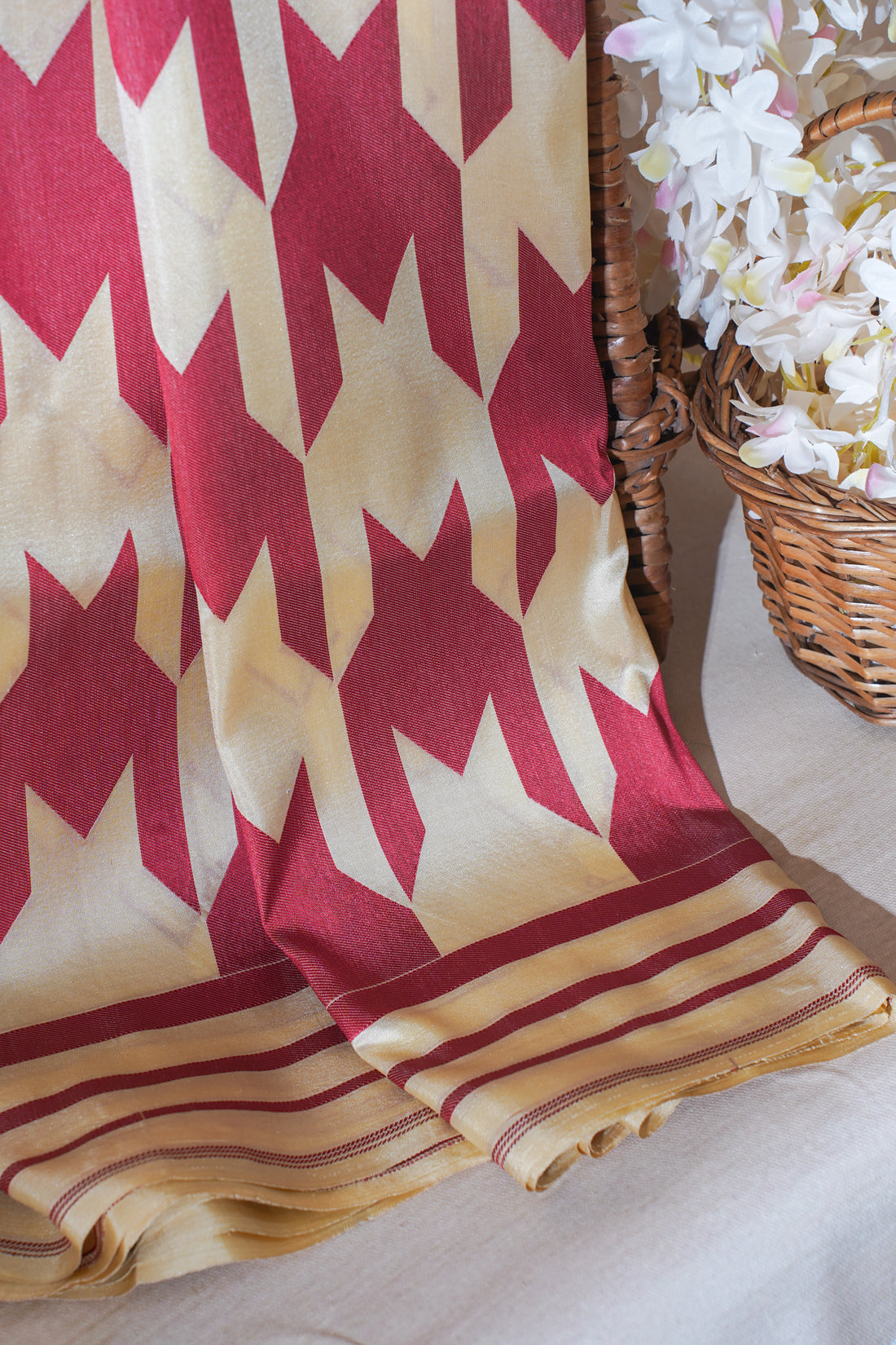 Maroon And Cream Pure Brocade Saree