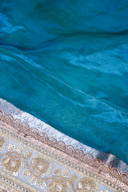 Teal Green Banarasi Pure Tissue Silk Saree with Sequined Lace Border