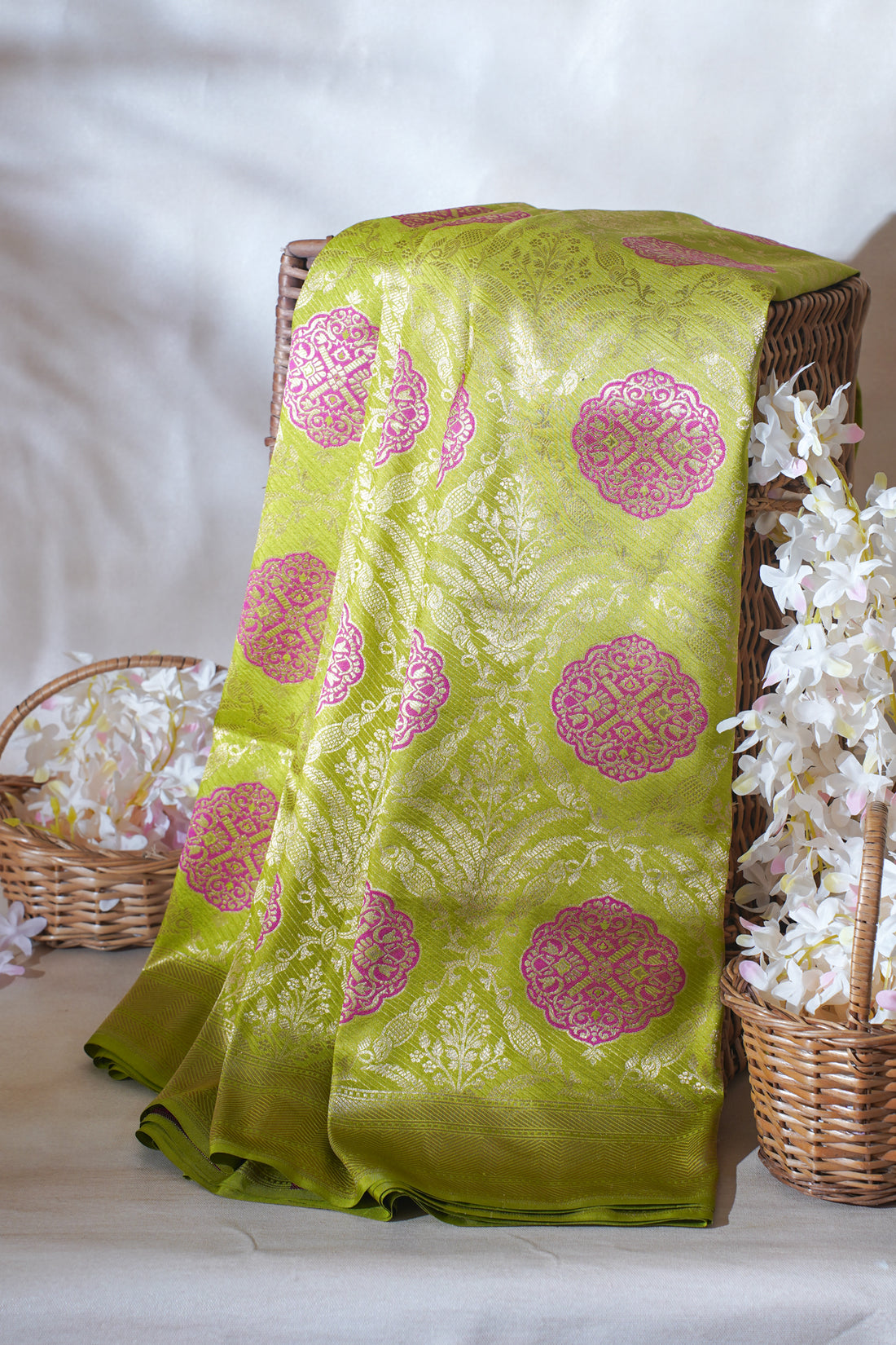Parrot Green Pure Brocade Minakaari Saree