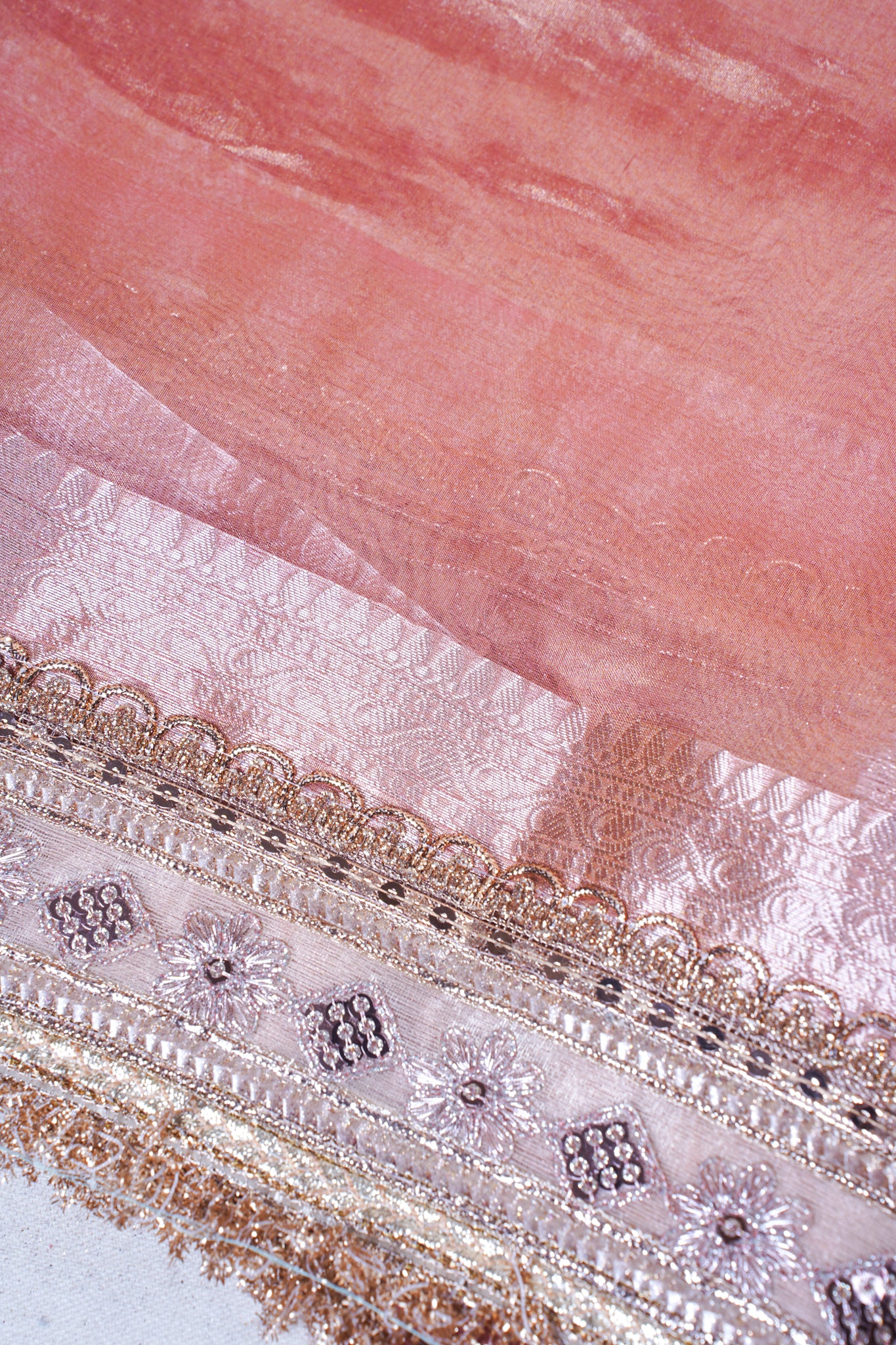 Blush Pink Pure Tissue Silk Banarasi Saree with Embellished Lace Border