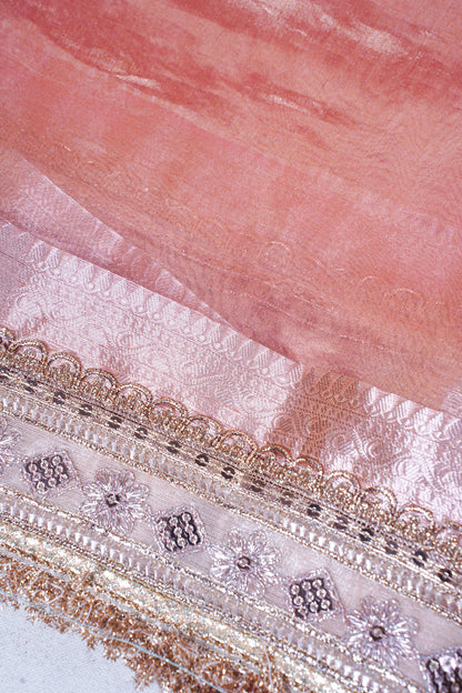 Blush Pink Pure Tissue Silk Banarasi Saree with Embellished Lace Border