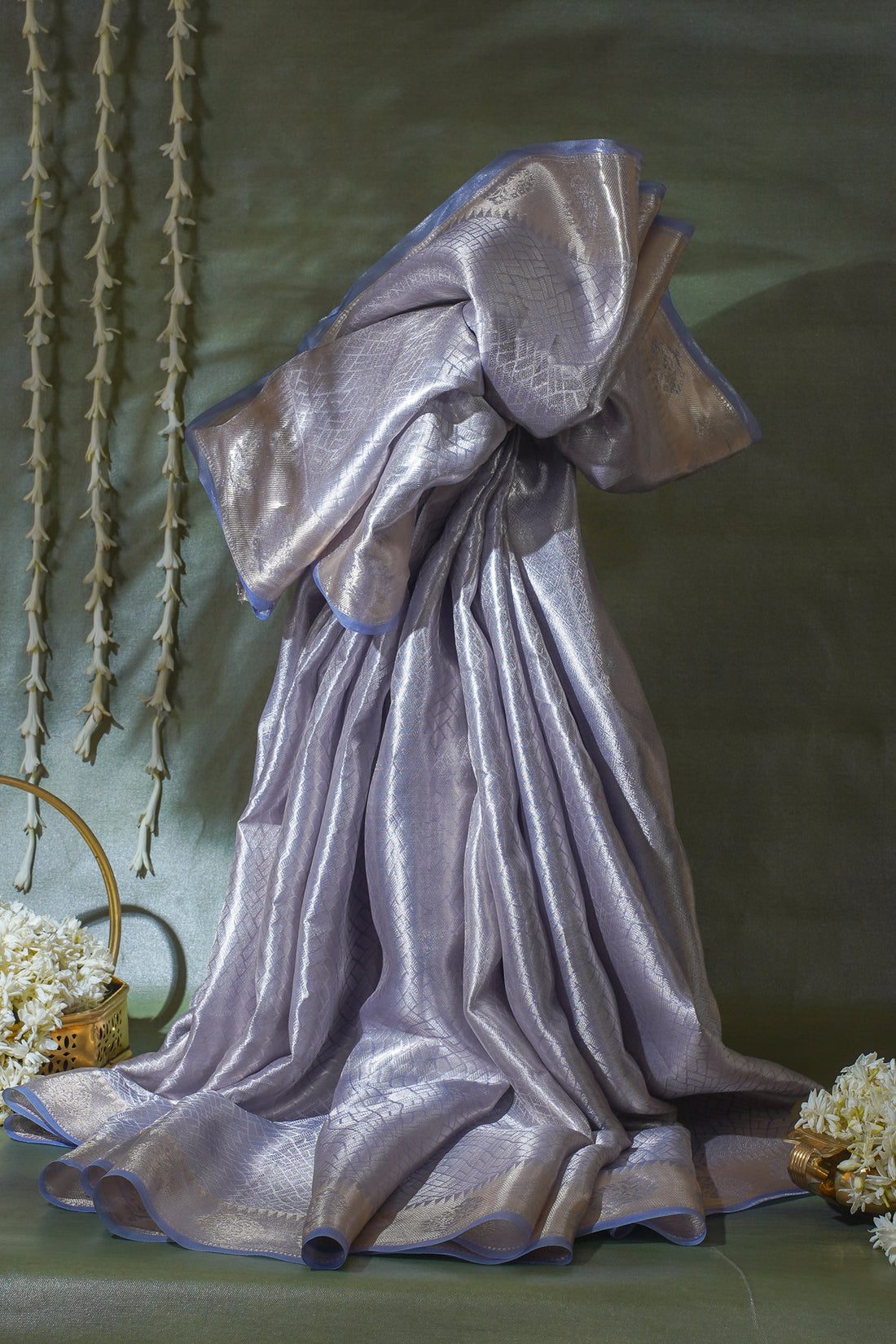 Pure Tissue Molten Gold Handwoven Saree with Lavender-Blue Border &amp; Pallu