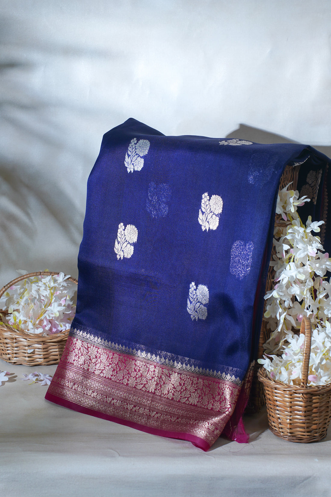Navy Blue Pure Kora Organza Silk Handloom Saree