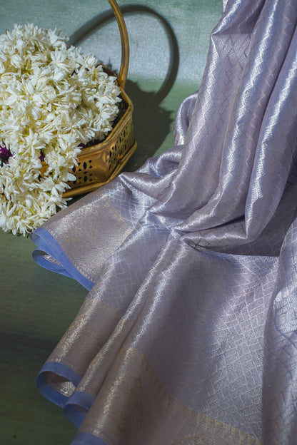 Pure Tissue Molten Gold Handwoven Saree with Lavender-Blue Border &amp; Pallu