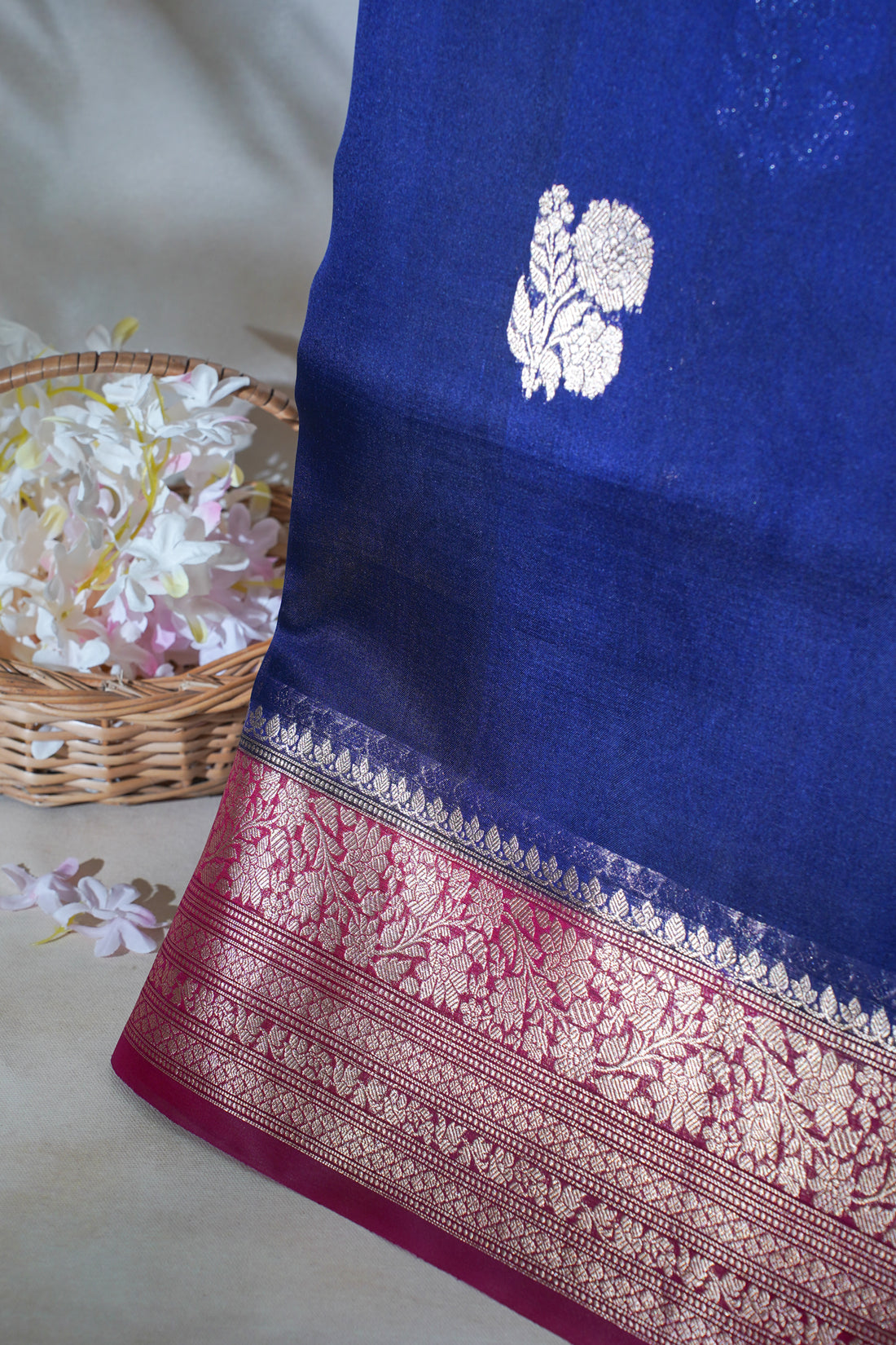 Navy Blue Pure Kora Organza Silk Handloom Saree