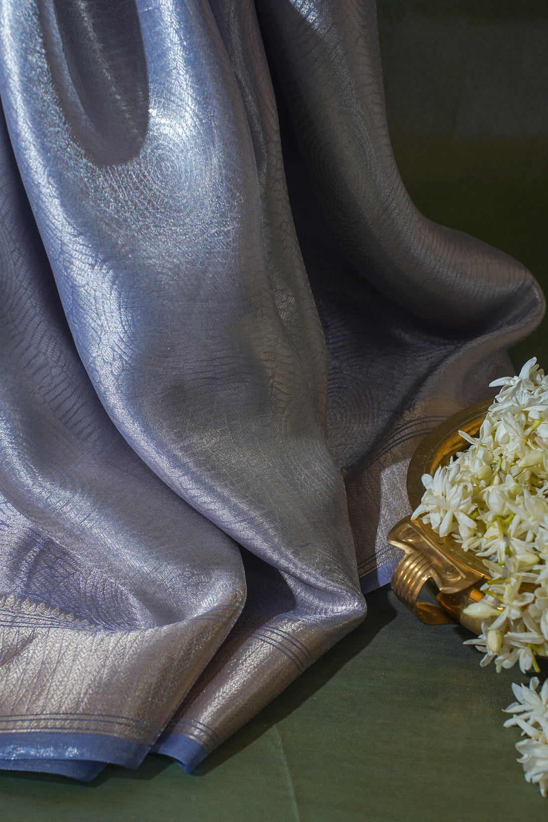 Pure Tissue Molten Gold Handwoven Saree with Sapphire Blue Border &amp; Pallu