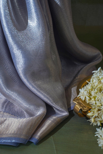 Pure Tissue Molten Gold Handwoven Saree with Sapphire Blue Border &amp; Pallu