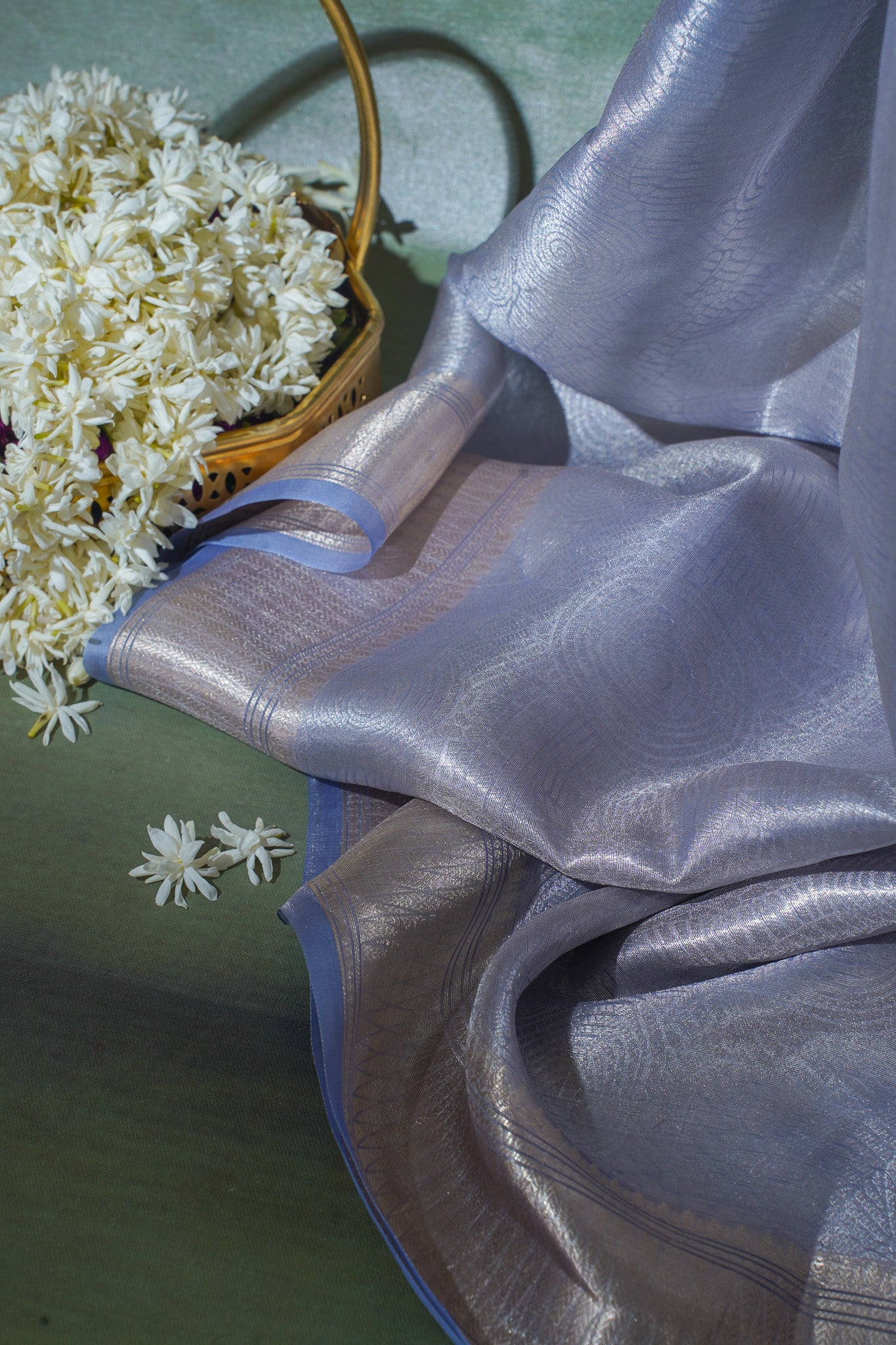 Pure Tissue Molten Gold Handwoven Saree with Sapphire Blue Border &amp; Pallu