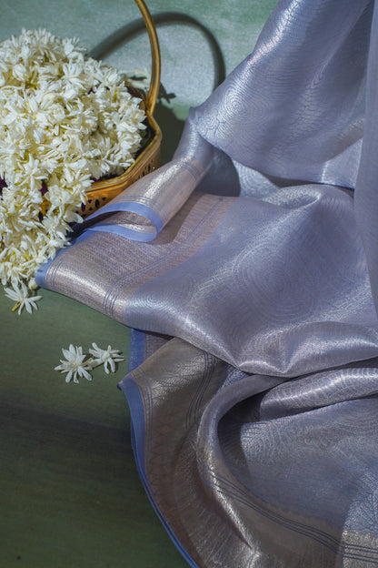 Pure Tissue Molten Gold Handwoven Saree with Sapphire Blue Border &amp; Pallu