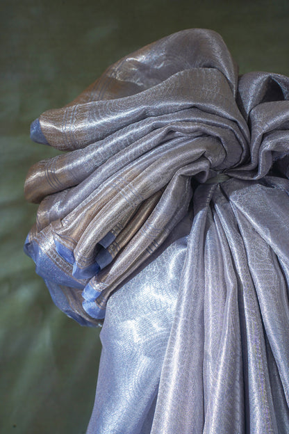 Pure Tissue Molten Gold Handwoven Saree with Sapphire Blue Border &amp; Pallu