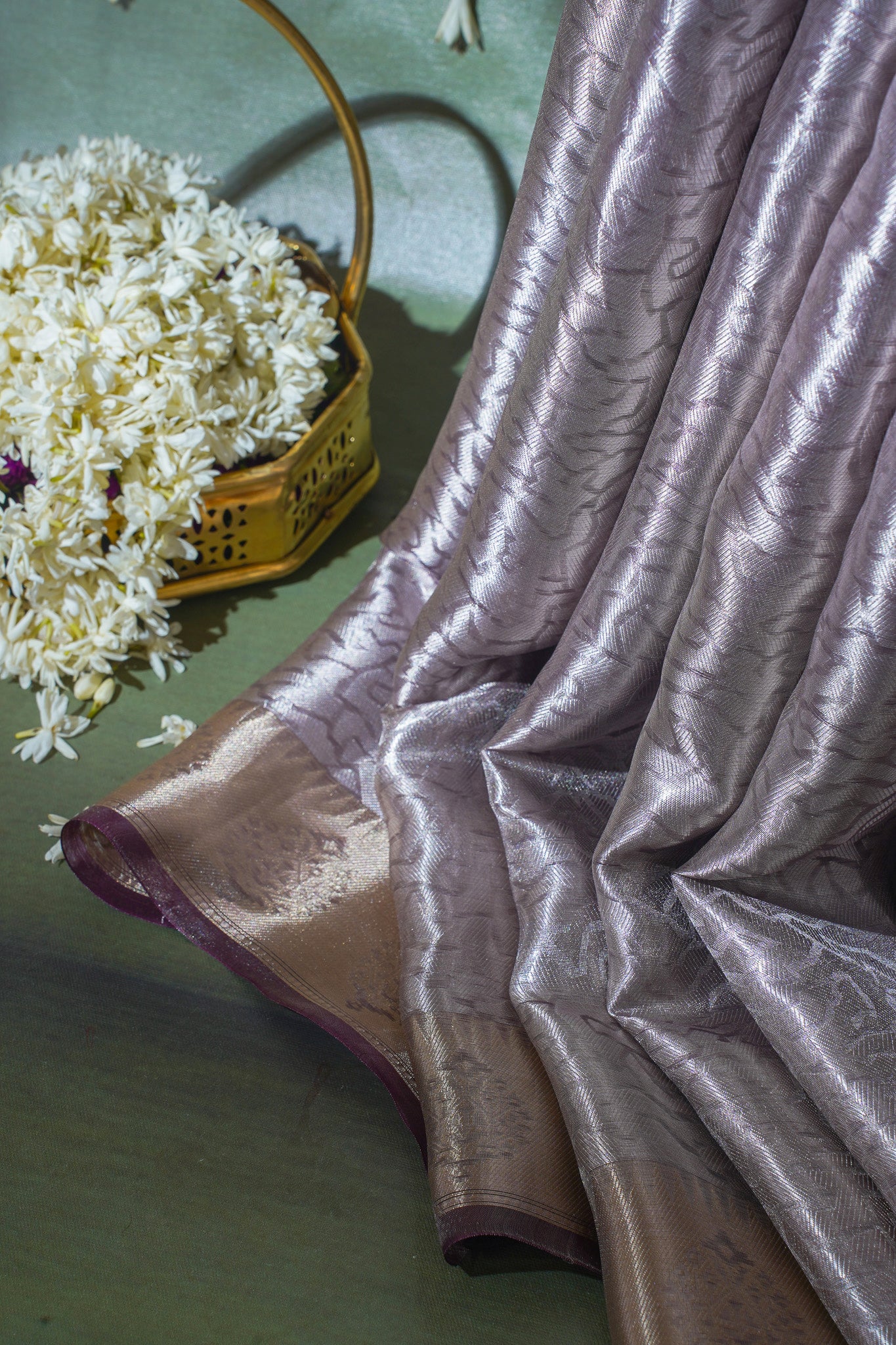 Pure Tissue Molten Gold Handwoven Saree with Maroon Border