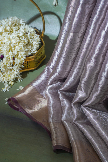 Pure Tissue Molten Gold Handwoven Saree with Maroon Border