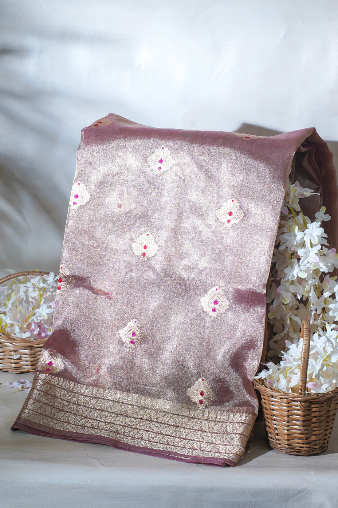 Subtle Rose Gold Pure Tissue Silk Handloom Saree