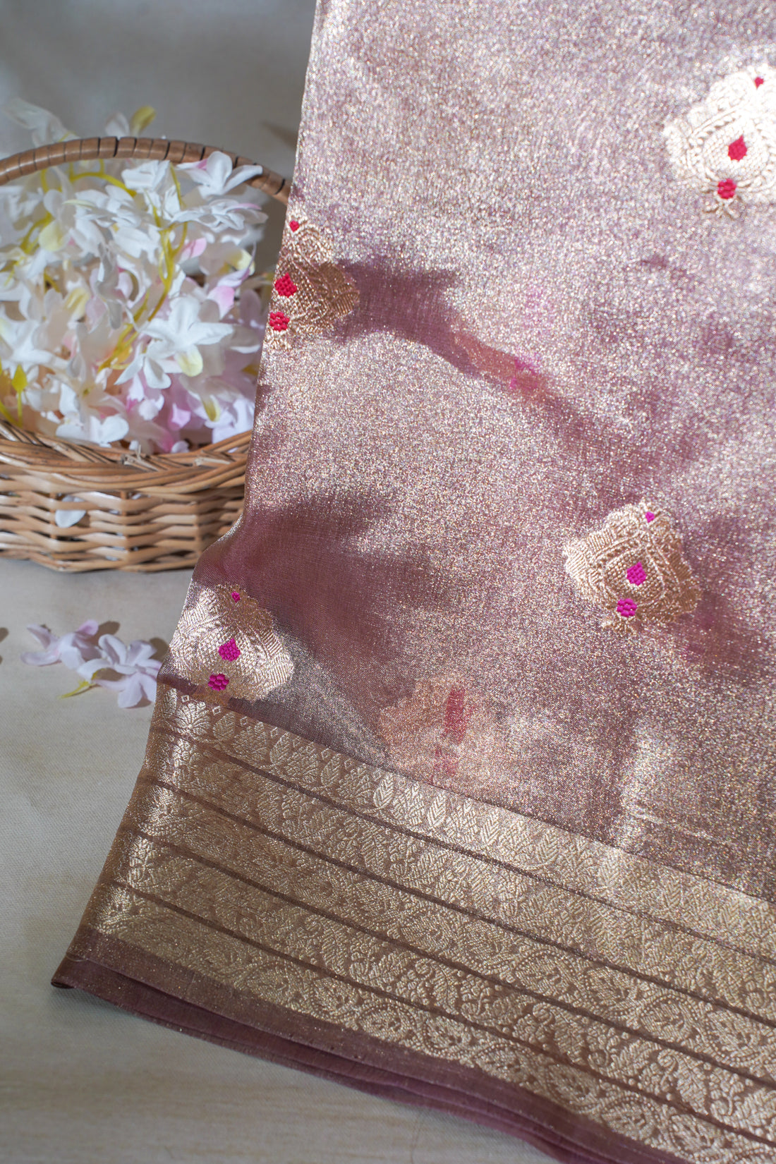 Subtle Rose Gold Pure Tissue Silk Handloom Saree