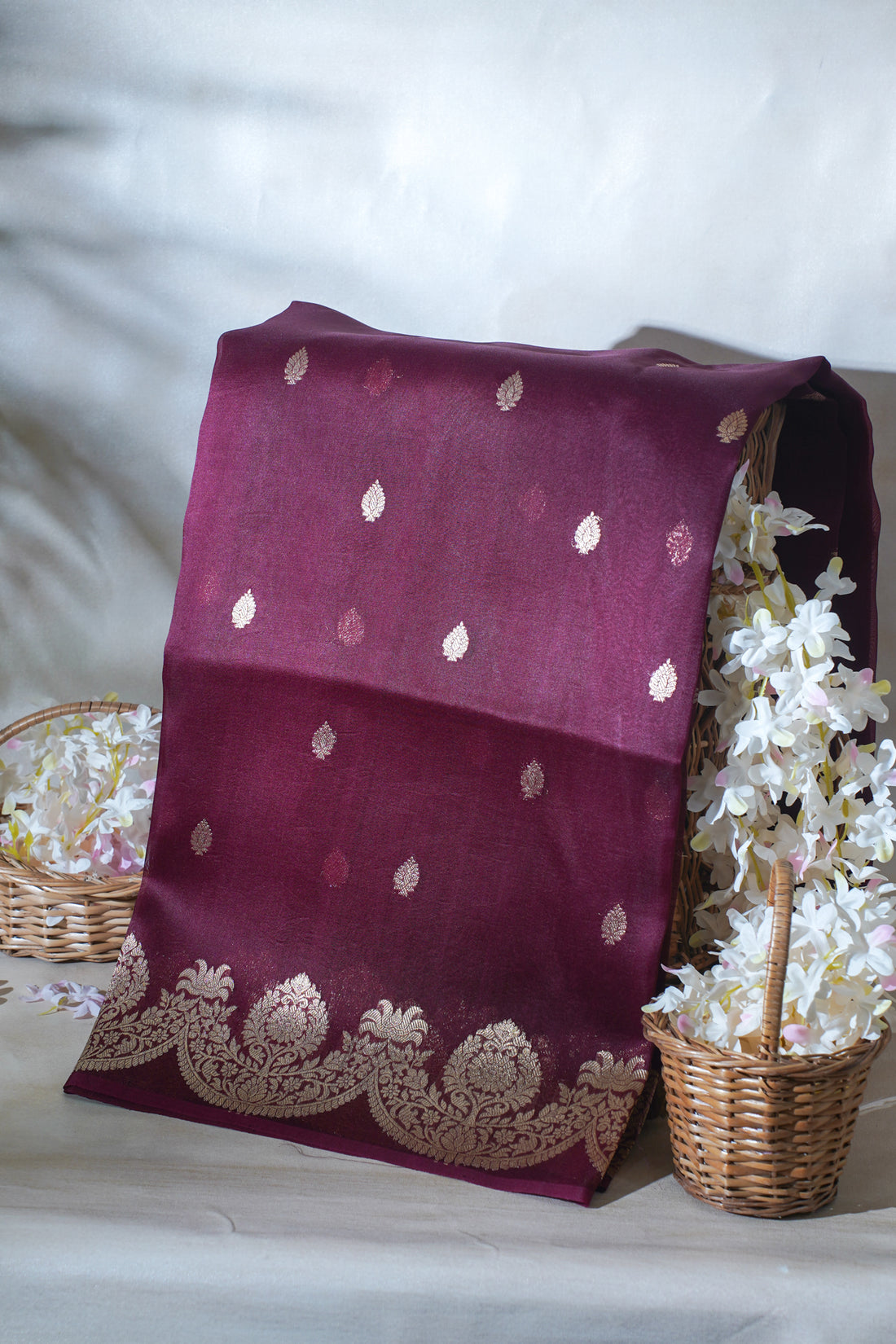 Wine Pure Kora Organza Silk Handloom Saree