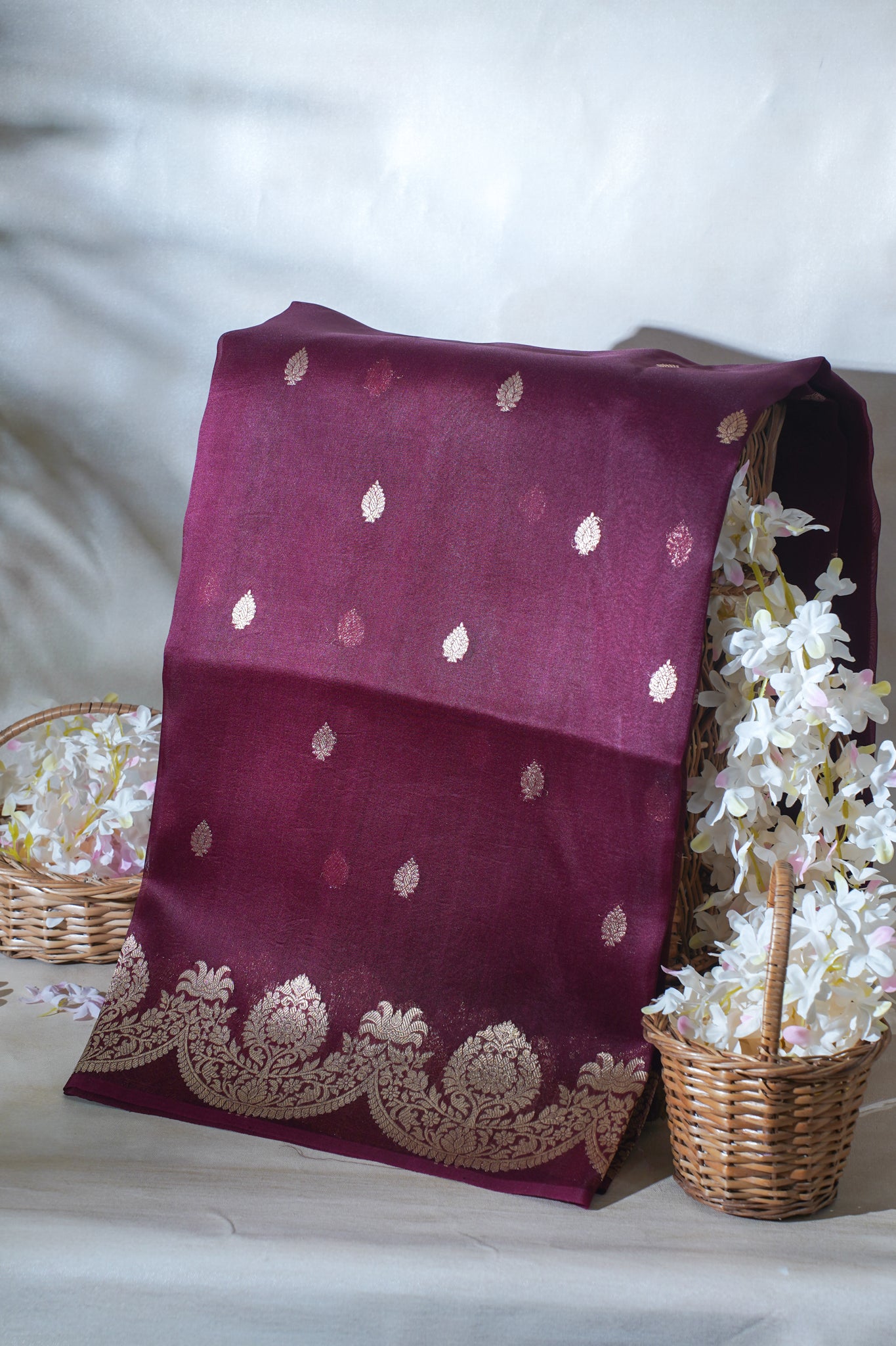 Wine Pure Kora Organza Silk Handloom Saree