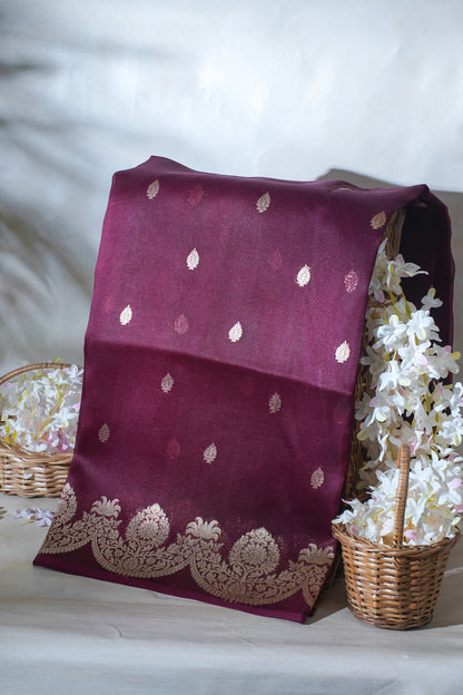 Wine Pure Kora Organza Silk Handloom Saree