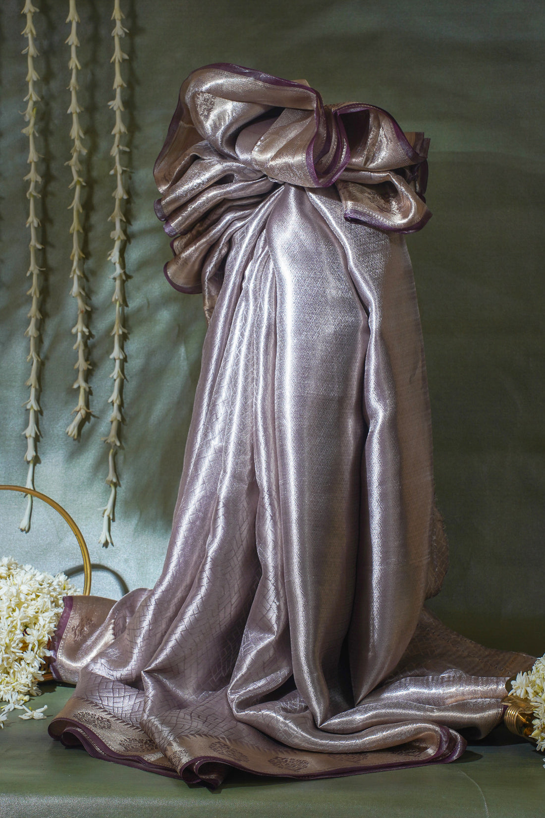 Pure Tissue Molten Gold Handwoven Saree with Deep Wine Border &amp; Pallu