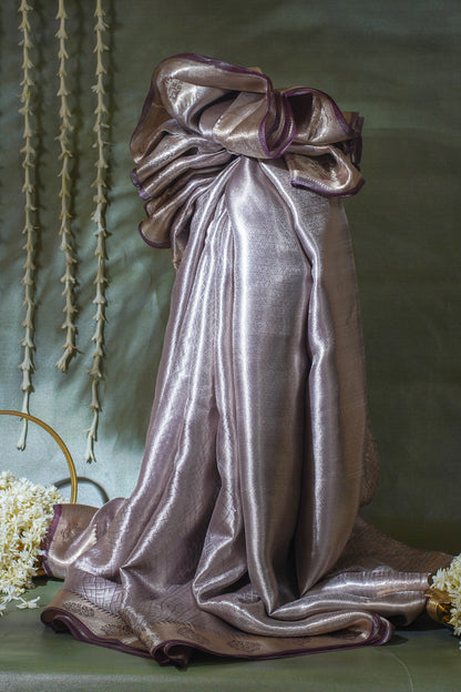 Pure Tissue Molten Gold Handwoven Saree with Deep Wine Border &amp; Pallu