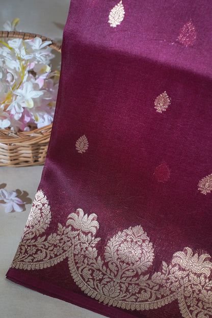 Wine Pure Kora Organza Silk Handloom Saree
