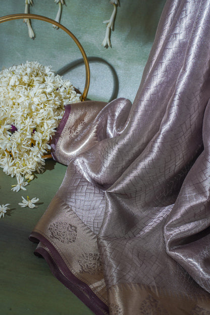 Pure Tissue Molten Gold Handwoven Saree with Deep Wine Border &amp; Pallu